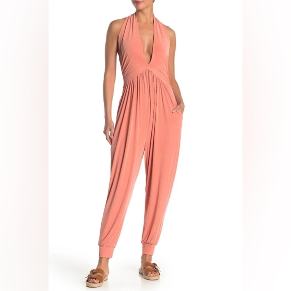 Free People FP Movement No Contest Terracotta Coral Plunge Halter Jumpsuit